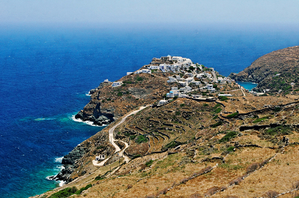 view of Kastro from a walking path leading to the village