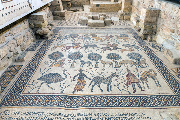 Mt. Nebo is the place from which Moses viewed the Promised Land of Israel before dying. This Byzantine-era mosaic is one of many preserved in the modern church there.