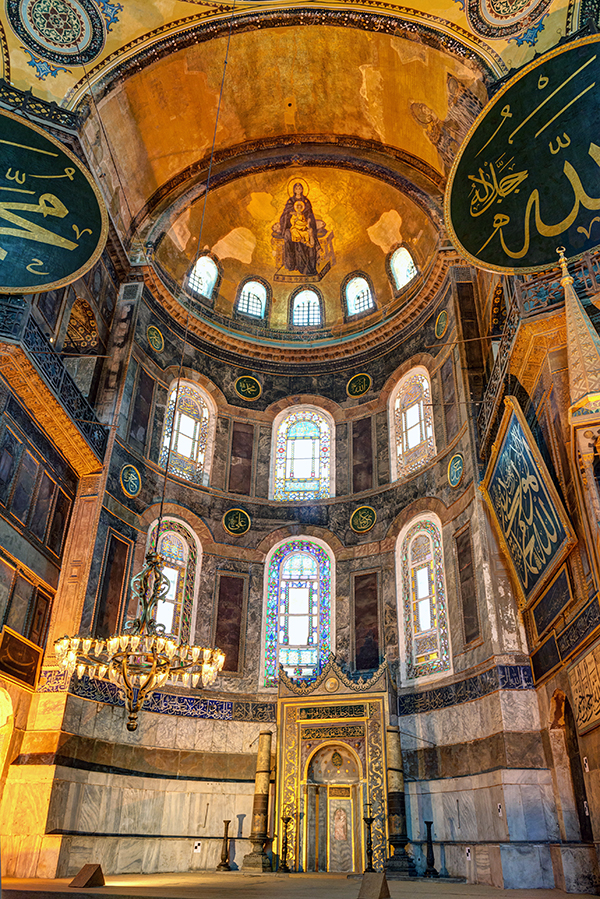Hagia Sophia is one of the top sites to see on a Turkey tour. The cavernous interior of the Hagia Sophia contains remnants of its use as a church and a mosque.