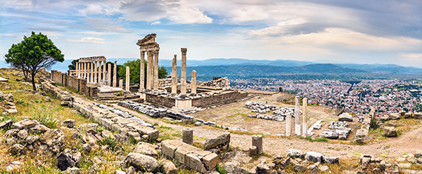The acropolis of Pergamum soars 1,000 feet above the modern town of Bergama, with ancient remains terraced into the steep hillside right down to the valley floor.