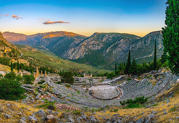 ruins of the Delphi Oracle site in the Parnassus Mountains of Greece