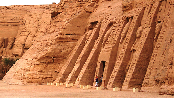 The smaller of the two Abu Simbel temples is dedicated to the goddess Hathor and Nefertari, favorite wife of Ramses II.