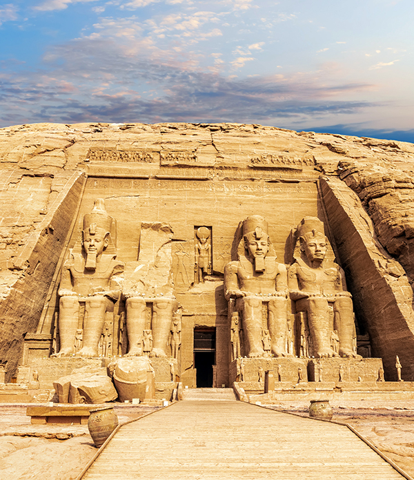 Four 65-foot colossi of Ramses II flank the entrance to the Great Temple at Abu Simbel.